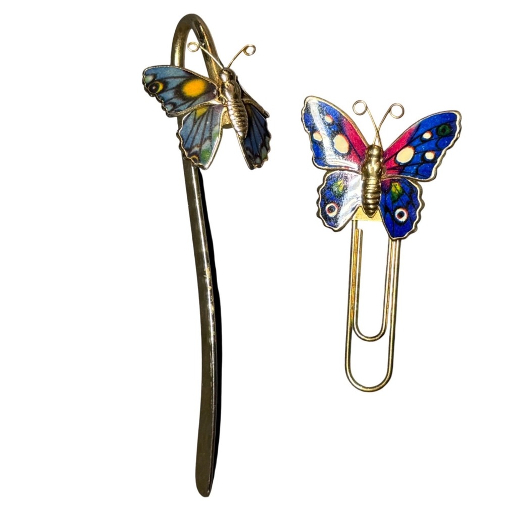 Vintage Cloisonne Enamel Butterfly Bookmark and Paper Clip Set Gold Tone Taiwan